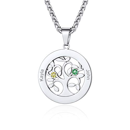 Custom4U Namenskette Damen Silber mit Lebensbaum Anhänger Edelstahl Lebensbaum Halskette mit Gravur Damen 2 Namen Kette Stammbaum Familienkette Mit Geburtsstein von Custom4U