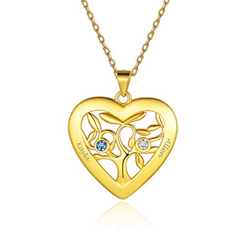 Custom4U Personalisierte Baum des Lebens Anhänger Namenskette Gold mit Gravur 925 Silber Damen Herz Stammbaum Halskette Gold Namenskette Geburtsstein Familienskette von Custom4U