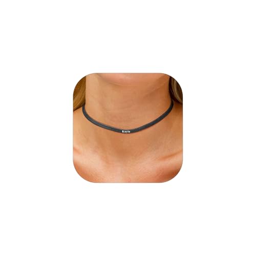 Custom4U Namenskette Personalisiert Flache Schlangenkette Schwarz Wasserfest Edelstahl 14K Vergoldet Choker 38cm Halskette Länge Verstellbar Geschenk Mutter Tochter Freundin von Custom4U
