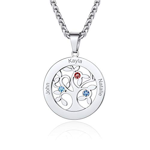 Custom4U Personalisierte Baum des Lebens Anhänger Silber mit 3 Namen&Geburtsstein Gravur 925 Silber Lebensbaum Damenkette Silber Geburtsstein Familienkette für Damen/Frauen von Custom4U