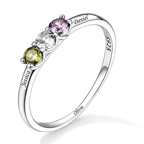 Custom4U Personalisiert Damen Ring mit Geburtssteine S925 Silber DREI Name Ring Freundschaftsringe Engagement Ring für Damen/Frauen in Size 7 von Custom4U