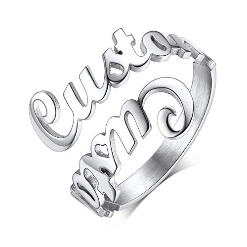 Custom4U Personalisiert Name Ring Doppelschicht Edelstahl Damen Ring mit 2 Namen Offen Einstellbar Ring in Silber für Freuen, Freundin, Mutter, Schwester von Custom4U
