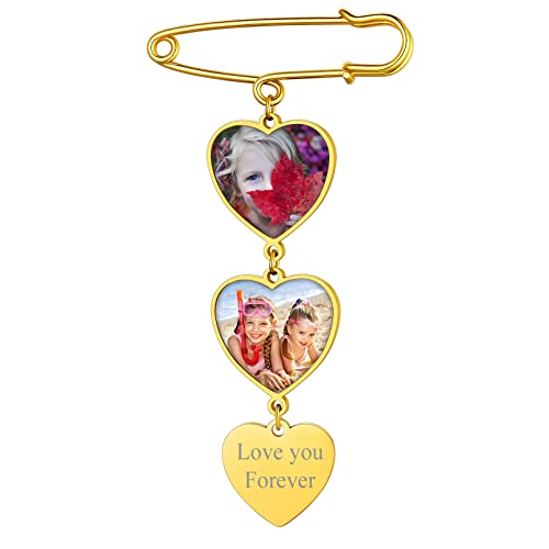 Custom4U Personalisierte 2x Foto Broschen für Damen Frauen Memorial Brautstrauß Fotoanhänger mit Bild Edelstahl Herz Brosche Clip Gold Memorial DIY Anstecker für Hochzeit Geburtstag Weihnachten von Custom4U