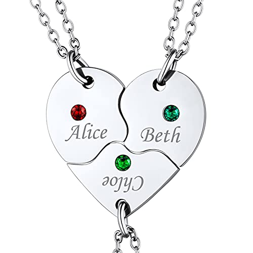 Custom4U Personalisierte 3x Puzzle BFF Ketten für 3 mit Namesgravur Edelstahl 3 Stücke Liebe Herz Puzzle Halskette für Freundschaftsketten Partner Kette Familienkette mit ´Geburtsstein von Custom4U