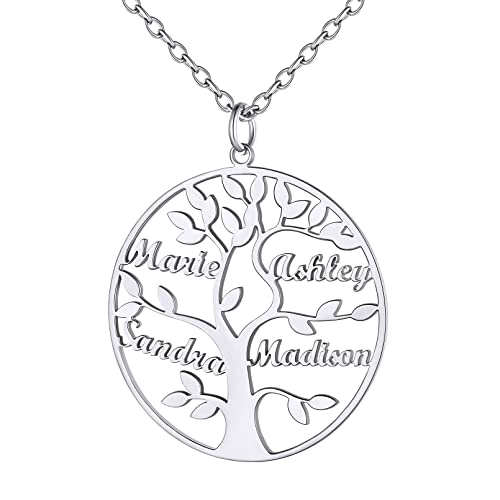 Custom4U Personalisierte 4 Namen Baum des Lebens Anhänger Halskette 925 Silber Rund Stammbaum Namenskette Silber Damen Frauen BFF Halskette Familienskette von Custom4U