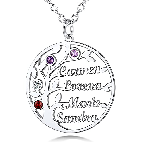 Custom4U Personalisierte 4 Namen Lebensbaum Anhänger Silber mit Name/Geburtsstein Gravur Edelstahl Namenskette Baum des Lebens Kette Silber Familienkette BFF Kette Schmuck Geschenk von Custom4U