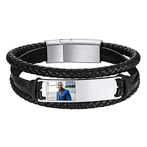 Custom4U Personalisierte Armbänder Herren Armband mit Foto Namen Gravur Edelstahl Lederarmband 21cm für Männer Jungen Armreif Silber Armschmuck Geschenke für Vatertag Geburtstag Weihnachten von Custom4U