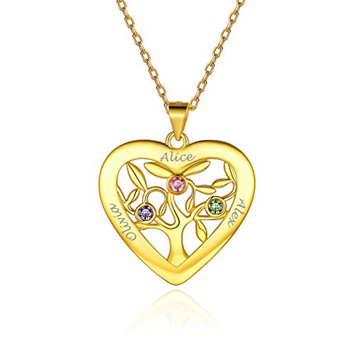 Custom4U Personalisierte Baum des Lebens Anhänger Gold mit 3 Namen&Geburtsstein Gravur 925 Silber Zirkonia Stammbaum Halskette Damen Silberkette für Muttertag Weihnachten von Custom4U