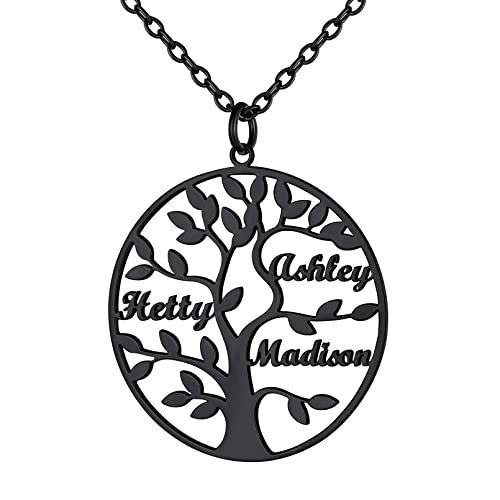 Custom4U Personalisierte Baum des Lebens Halskette mit 3 Namen Gravur 925 Silber Namenskette mit Lebensbaum Anhänger Schwarz Damen Frauen Mädchen BFF Kette Famiienskette von Custom4U