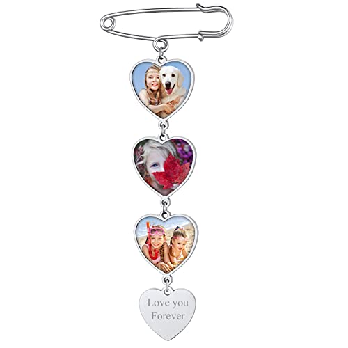 Custom4U Personalisierte Damen Brosche Anstecker mit Gravur Memorial Anhänger Brautstrauß Silber Ansteckblume Bräutigam Edelstahl 3x Fotoanhänger mit Bild DIY Broschen Clip Modeschmuck von Custom4U
