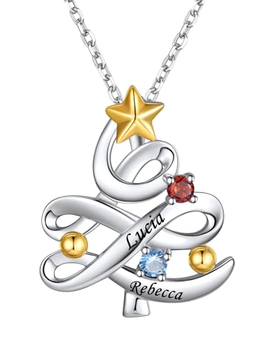 Custom4U Personalisierte Damen Weihnachten Charme Anhänger Halskette mit Namen/Geburtsstein Gravur Glückliche Weihnachtsbaum Halskette Geschenke für Weihnachten Geburtstag Muttertag von Custom4U