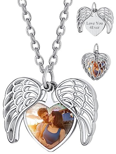 Custom4U Personalisierte Engelsflügel Medaillon zum Öffnen mit Foto/Name/Text Gravur Damen Frauen Kupfer Herz Schutzengel Flügel Anhänger Halskette Amulett für Mama Freundin Oma von Custom4U