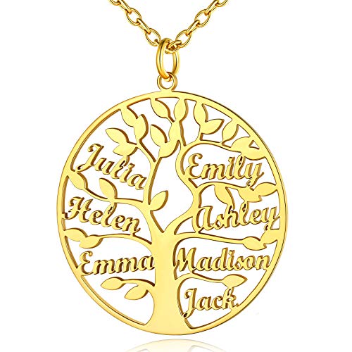 Custom4U Personalisierte Familiensbaum Halskette Gold mit 7 Namen Gravur Edelstahl Namenskette mit Lebensbaum Anhänger Baum des Lebens Halskette für Damen Frauen Mädchen in Gold mit 50cm+5cm Kette von Custom4U