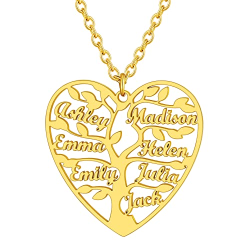 Custom4U Personalisierte Familiensbaum Halskette mit 7 Namen Gravur Edelstahl Namenskette mit Herz Lebensbaum Anhänger Baum des Lebens Halskette für Damen Frauen Mädchen in Gold von Custom4U