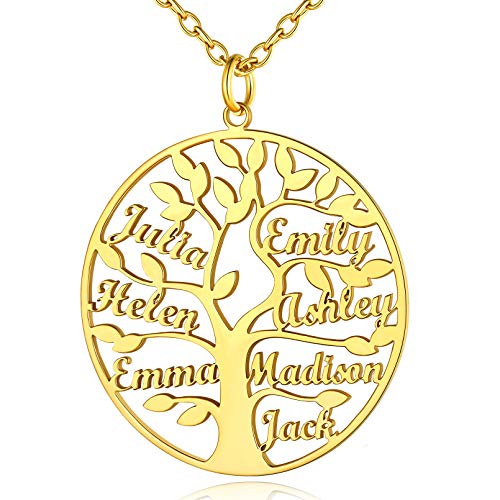 Custom4U Personalisierte Familiensbaum Halskette mit 7 Namen Gravur Edelstahl Namenskette mit Lebensbaum Anhänger Baum des Lebens Halskette für Damen Frauen Mädchen in Gold mit 50cm+5cm Kette von Custom4U