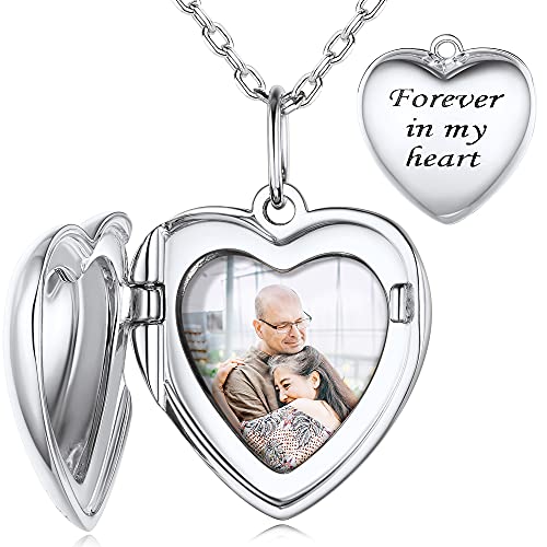 Custom4U Personalisierte Forever in My Heart Fotobox-Anhänger Halskette Silber Bild Medaillon Amulett zum Öffnen mit Fotogravur mit Wunsch/Namen/Text Gravur in Weißgold mit 46cm Kette für Memorial von Custom4U