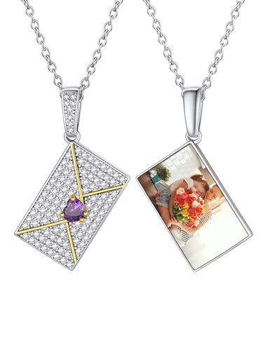 Custom4U Personalisierte Fotokette mit Umschlag Medaillon Anhänger Kupfer Zirkonia Brifumschlag Silber Halskette mit Fotogravur für Damen Frauen Mutter Paar von Custom4U