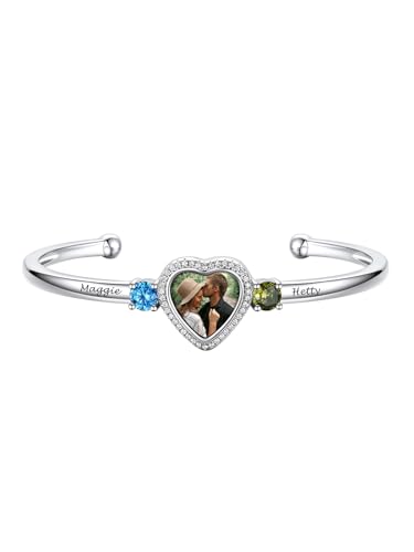 Custom4U Personalisierte Geburtsstein Armbänder Damen Silber 3mm breit mit Foto/Name Gravur Kupfer Offenes Verstellbares Mutter Tochter Zirkonia Herz Armband Silber für Valentinstag Muttertag von Custom4U
