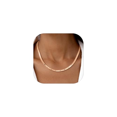 Custom4U Personalisierte Halskette Damen Mit Namens Buchstaben Gravur Kette Rosegold 14K Vergoldet Flache Schlangen Edelstahl Choker Länge Verstellbar, Mutter Tochter Geschenk von Custom4U