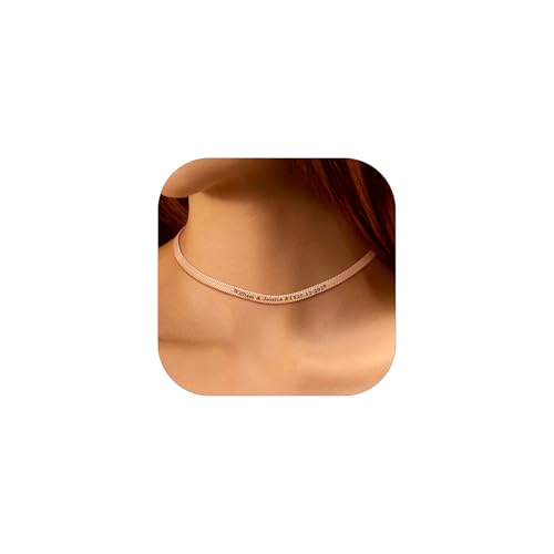 Custom4U Personalisierte Halskette Damen Mit Namens Text Gravur Kette Rosegold 14K Vergoldet Flache Schlangen Edelstahl Choker Länge Verstellbar, Mutter Tochter Geschenk von Custom4U