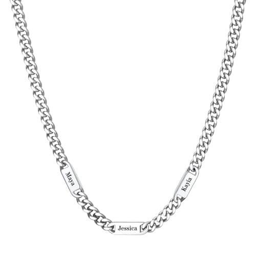 Custom4U Personalisierte Kette Mit 3 Namen Silberkette Herren Edelstahl Kubanische Halskette Schmuck Geschenk Herren Damen von Custom4U