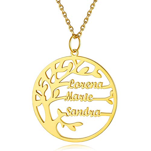 Custom4U Personalisierte Lebensbaum Anhänger Halskette Gold mit 3 Namen Gravur S925 Silber 3 Namen Halskette mit Familiensbaum Anhänger Gold mit 45cm+5cm Kette für Damen Frauen Mädchen von Custom4U