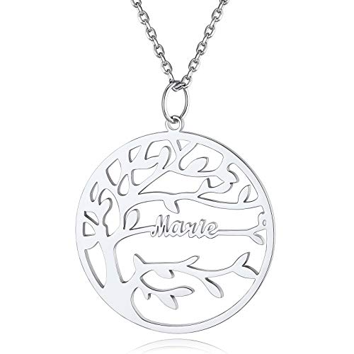 Custom4U Personalisierte Lebensbaum Anhänger Halskette Silber mit Namen Gravur 925 Silber Namenskette mit Baum des Lebens Anhänger Rund Stammbaum Kette Silber für Damen Frauen Mädchen von Custom4U