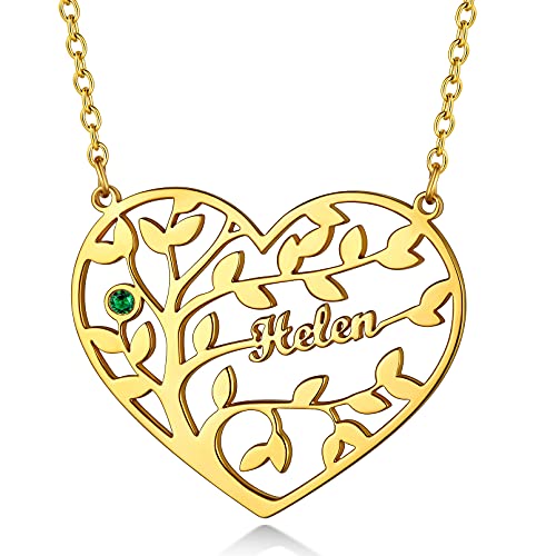 Custom4U Personalisierte Lebensbaum Halskette Gold mit Namen Gravur mit Geburtsstein Edelstahl Namenskette mit Herz Baum des Lebens Anhänger mit Geburtsstein in Gold mit 41cm+5cm Kette von Custom4U