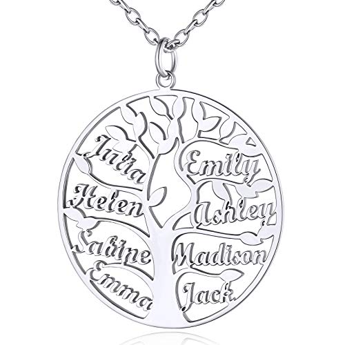 Custom4U Personalisierte Lebensbaum Halskette mit 8 Namen Gravur Edelstahl Stammbaum Namenskette Silber Damen Rund Familiensbaum Halskette für BFF Kette Familienskette von Custom4U