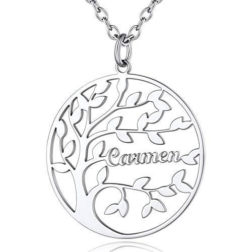 Custom4U Personalisierte Lebensbaum Halskette mit Namegravur Edelstahl Namenskette mit Baum des Lebens Anhänger Charm in Silber mit 50cm+5cm Kette Schmuck für Oma Mutter Schwester Freundin von Custom4U