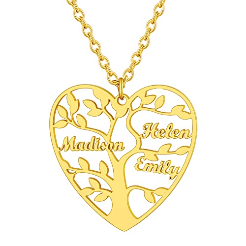 Custom4U Personalisierte Lebensbaum Kette Gold mit 3 Namen Gravur Edelstahl Herz Stammbaum des Lebens Familienbaum Anhänger in Gold Schmuck Geschenk für Oma Mutter Freubdin von Custom4U