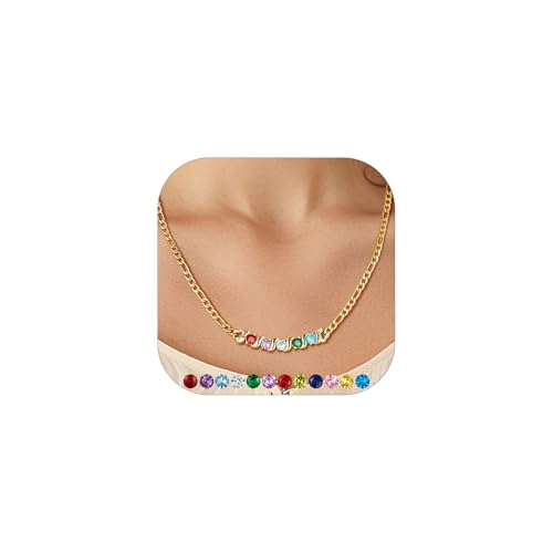Custom4U Personalisierte Mutter Oma Kette Gold mit 5 Geburtsstein/Namen Gravur für Damen Frauen Edelstahl Figaro Namenskette 3.7mm breit Zirkonia Halskette Gold 46cm lang Modeschmuck Geschenke von Custom4U