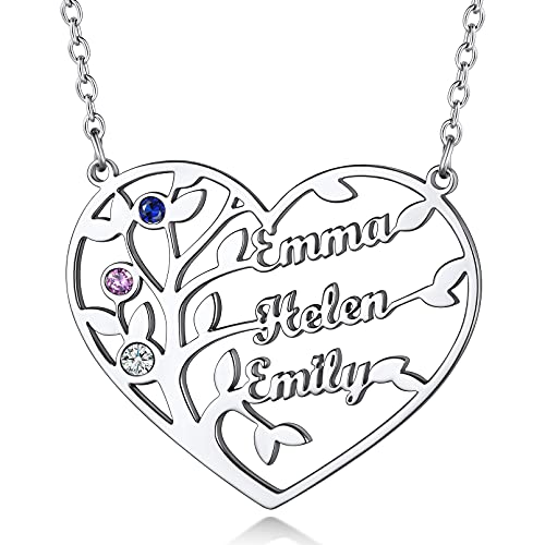 Custom4U Personalisierte Namen Halskette mit 3 Namen Gravur und 3 Geburtsstein mit Lebensbaum Anhänger in Herzform Edelstahl Baum des Lebens Kette Silber Damen Frauen Namenskette von Custom4U