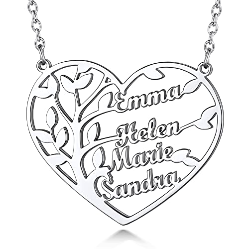 Custom4U Personalisierte Namenskette mit Lebensbaum Anhänger Edelstahl Herz Stammbaum des Lebens Anhänger Silber Namenskette für Oma Mutter Schwester Freundin von Custom4U