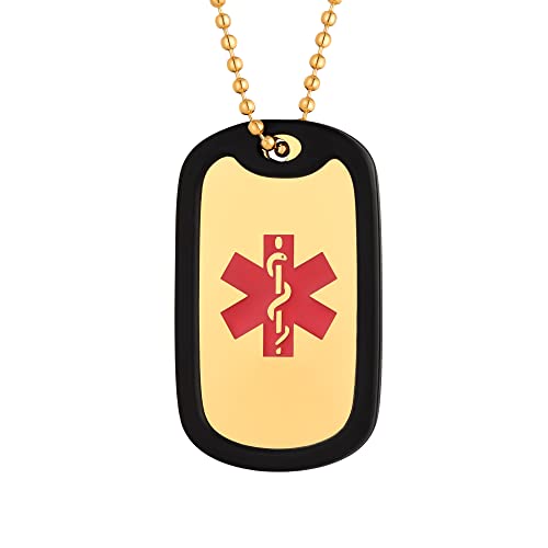 Custom4U Personalisierte Notfall Medical Alert ID Dog Tag Anhänger mit Textgravur Edelstahl Armee Erkennungsmarke Anhänger mit Silikon Hülle in Gold mit 60cm Kugelkette für Männer Jungen von Custom4U