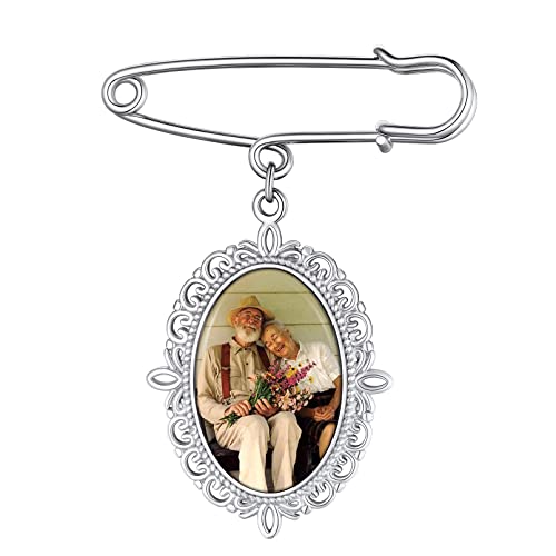 Custom4U Personalisierte Oval Foto-Brosche mit Bildgravur Memorial Brautstrauß Fotoanhänger mit Bild Edelstahl DIY Broschen Anstecker Silber Erinnerungsschmuck Geschenke von Custom4U