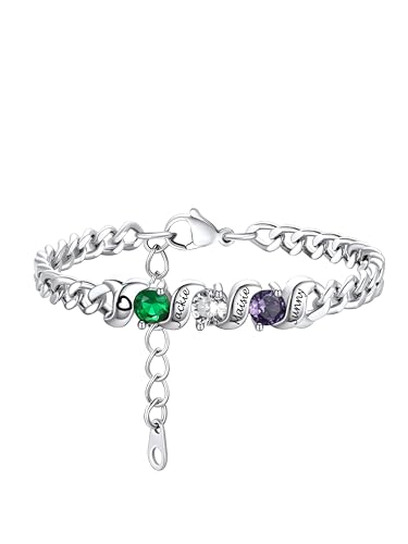 Custom4U Personalisierte Panzerkette Armbänder Damen Silber mit 3 Namen/Geburtsstein Gravur 5mm breit Mutter Tochter Armband 16cm+3cm lang Edelstahl Frauen Armreif Geschenke für Weihnachten Muttertag von Custom4U