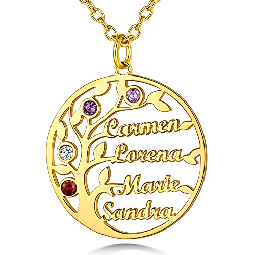 Custom4U Personalisierte Rund Stammbaum des Lebens Kette mit 4 Namen Gravur mit 4 Geburtsstein 18K Vergoldet Damen Namenskette mit Lebensbaum Anhänger Geschenke für Oma Mama BFF von Custom4U