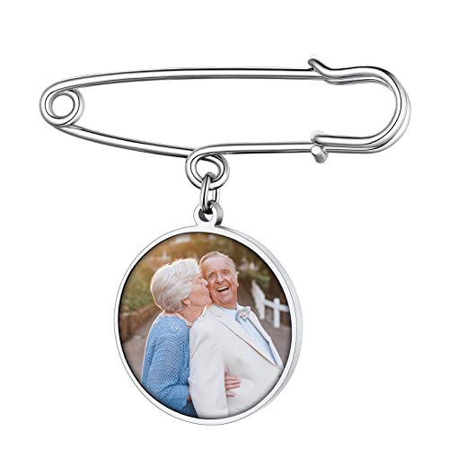 Custom4U Personalisierte Rund Foto-Brosche Silber Memorial Anhänger Brautstrauß mit Bild Edelstahl Broschen Anstecker DIY Brosche Schmuck Zubehör Silber für Damen Frauen von Custom4U