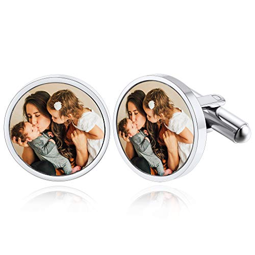 Custom4U Personalisierte Herren Manschettenknöpfe mit Fotogravur für Männer Jungen Edelstahl 2X Manschettenknöpfe Cufflinks Silber Geschenk für Hochzeit Vatertag Geburtstag von Custom4U