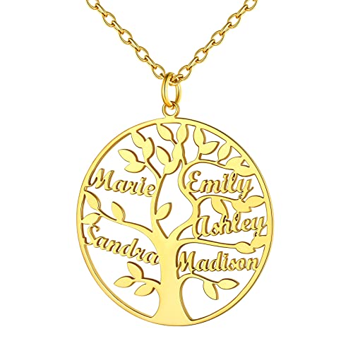 Custom4U Personalisierte Stammbaum des Lebens Kette Gold mit 5 Namen Gravur 925 Silber Rund Lebensbaum Namenskette Gold Damen Frauen BFF Kette Familienname Halskette von Custom4U