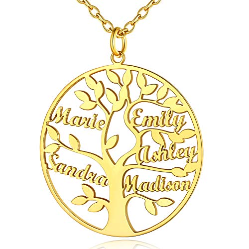 Custom4U Personalisierte Stammbaum des Lebens Kette mit 5 Namen Gravur Edelstahl Rund Lebensbaum Namenskette Gold Damen Frauen BFF Kette Familienname Halskette von Custom4U