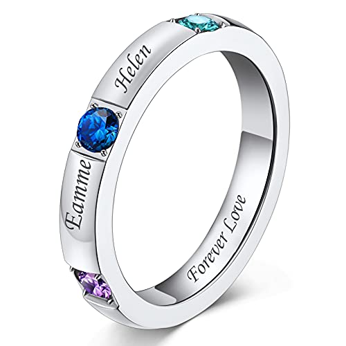 Custom4U Personalisierter Damen Silberring 3mm breit Zirkonia Fingerring mit Gravur Edelstahl Geburtsstein Bandring für Freundin Mama Oma Ringgröße 62.1(20) von Custom4U