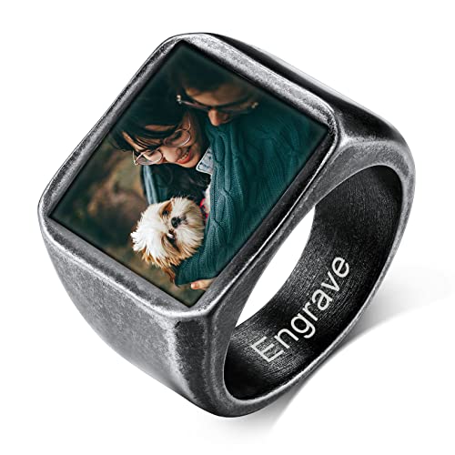 Custom4U Personalisierter Foto Fingerringe für Herren mit Gravur Edelstahl Bild Siegelring Herren Grau mit Textgravur Biker Ehering Verlobungsring Freundschaftsring Memorial Foto Geschenke von Custom4U