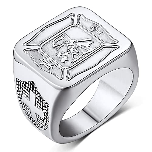 Custom4U Personalisierter Heiliger Florian Ring Schutzpatron der Feuerwehr Ring Talisman Amulett aus Edelstahl Saint Florian Abzeichen Ring für Herren Männer Jungen Ringgröße 20.7 (64.6) in Silber von Custom4U