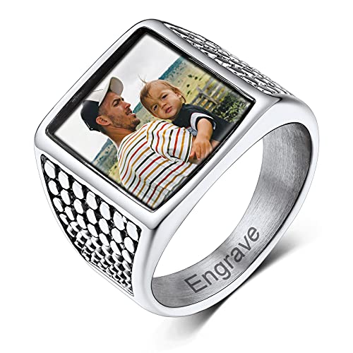Custom4U Personalisierter Herren Damen Foto Siegelring Edelstahl Quadratischer Fingerring mit Fotogravur Memorial Jungen Siegelring Ehering Verlobungsring für Personalisiert Foto Geschenk von Custom4U