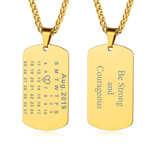 Custom4U Personalisierter Kalender Dog Tag Anhänger mit Motiven-Gravur 316L Edelstahl Glänzender Kalender Militärischen Erkennugsmarken Anhänger in Gold mit 55cm+5cm Kette von Custom4U