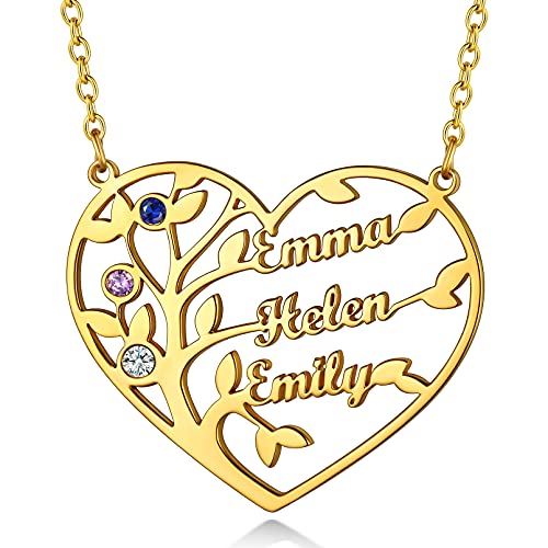 Custom4U Personalisierter Lebensbaum Anhänger mit 3 Namen und 3 Geburtsstein Edelstahl Damen Namenskette mit Herz Stammbaum des Lebens Familienskette in Gold Schmuck Geschenke von Custom4U