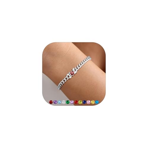 Custom4U Personalisiertes Geburtsstein Armband Damen Silber 5mm breit mit Namegravur Edelstahl Kubanische Frauen Mädchen Zirkonia Armbänder 16cm+3cm lang Geschenke für Mutter Freundin Oma von Custom4U