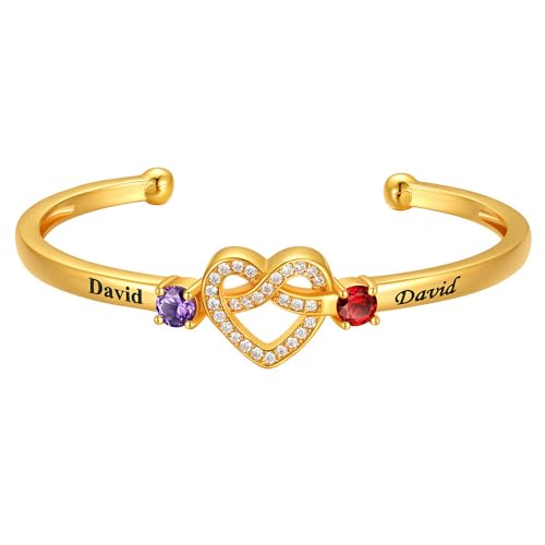 Custom4U Personalisiertes Gold-Armband für Damen Loveknot Offener Armreif mit 2 Namen&Geburtssteinen, Individualisiertes Armband für Mama & Tochter, Glänzendes Zirkonia-Schmuckgeschenk zum Geburtstag von Custom4U